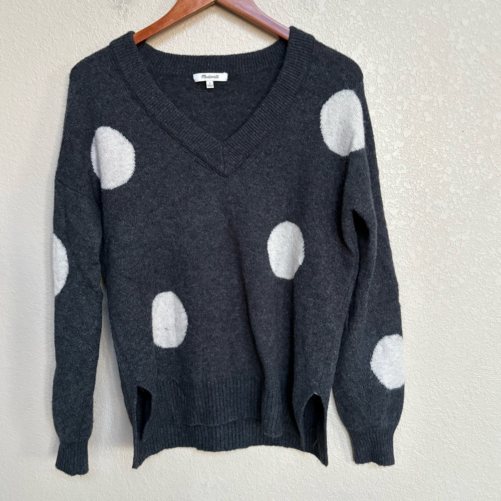 Madewell Bartlett Charcoal Gray Polka Dot‎ V-Neck Sweater Women’s Small